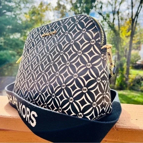 Michael Kors Cindy Dome Crossbody Bag Black White Logo Print Web Strap NWT - Picture 3 of 6